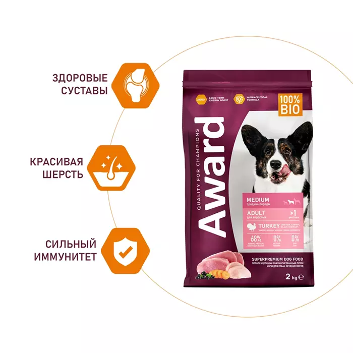 Сухой корм AWARD для взрослых собак средних пород с индейкой и курицей с добавлением моркови и черной смородины 7173440 - фото 24437