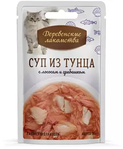Пауч для кошек Деревенские лакомства Суп из тунца с лососем и гребешком 35 гр